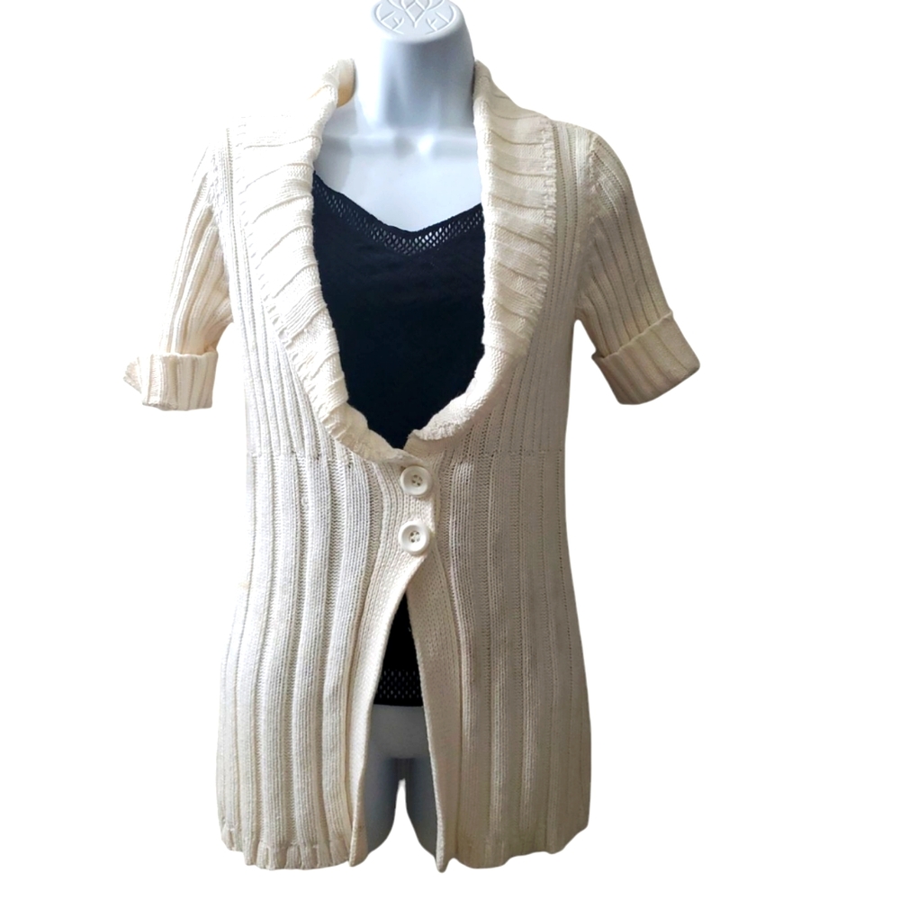 White House Black Market Womens White Open Knit Quarter Sleeve Sweater Cardigan